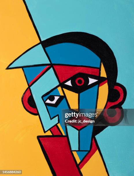 ilustraciones, imágenes clip art, dibujos animados e iconos de stock de pintura abstracta del hombre contra la máquina de arte de estilo cubismo - cubismo