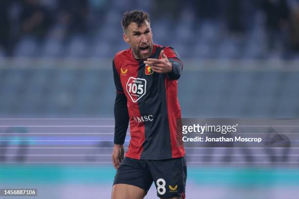 Kevin Strootman of Genoa CFC reacts during the Serie B match between Genoa CFC and Venezia FC at Stadio Luigi Ferraris on January 16, 2023 in Genoa,...