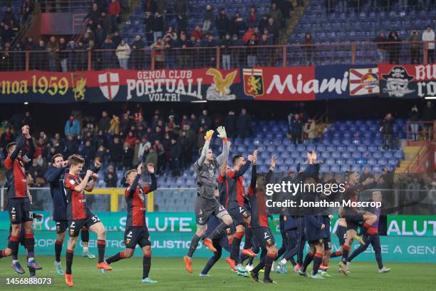 Genoa players celebrate the 1-0 victory following the final whistle of the Serie B match between Genoa CFC and Venezia FC at Stadio Luigi Ferraris on...