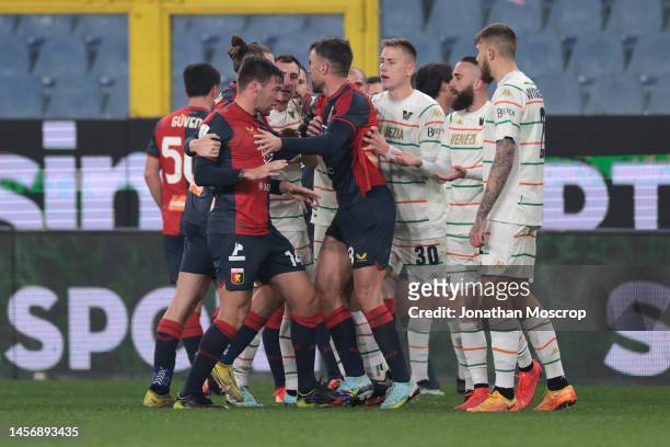 Tempers flare following a clash between Alessandro Vogliacco of Genoa CFC and Ridgeciano Haps of Venezia FC during the Serie B match between Genoa...