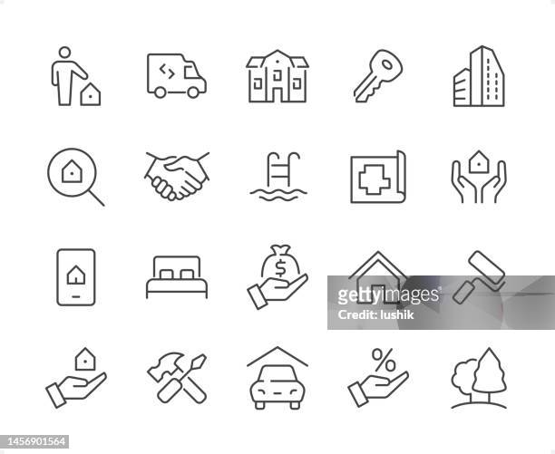 immobilien-icon-set. bearbeitbare strichstärke. pixel perfekte symbole. - verkaufsberuf stock-grafiken, -clipart, -cartoons und -symbole