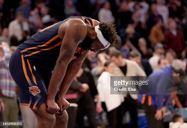 Mitchell Robinson of the New York Knicks reacts to the loss to the Toronto Raptors at Madison Square Garden on January 16, 2023 in New York City. The...