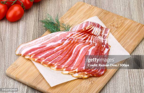 high angle view of raw meat on cutting board,romania - raw bacon stock pictures, royalty-free photos & images