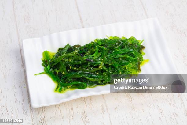 high angle view of food in plate on table,romania - seaweed stock pictures, royalty-free photos & images