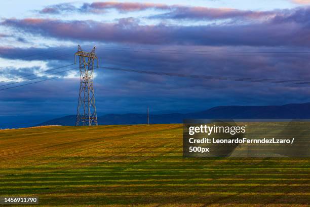 scenic view of electricity pylon on field against sky,diezma,granada,spain - diezma fotografías e imágenes de stock