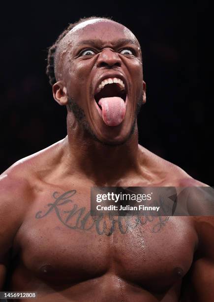 Celebrates after defeating FaZe Temper during the MF Cruiserweight Title fight between KSI and FaZe Temper at OVO Arena Wembley on January 14, 2023...