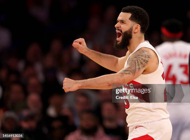 Fred VanVleet of the Toronto Raptors celebrates in overtime against the New York Knicks at Madison Square Garden on January 16, 2023 in New York...