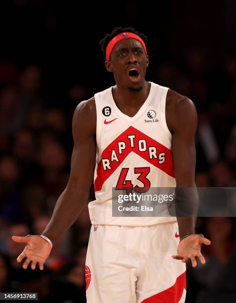 Pascal Siakam of the Toronto Raptors reacts after he is called for a foul in the fourth quarter against the New York Knicks at Madison Square Garden...