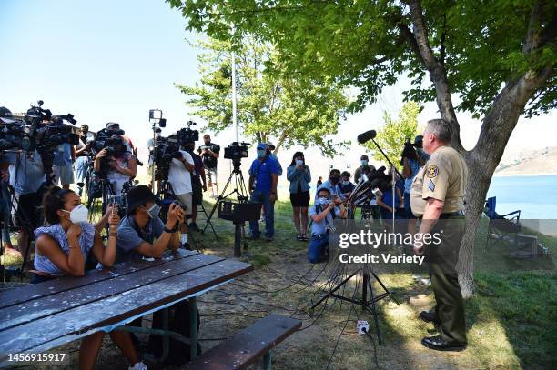 Sargeant Kevin Donogue speaks to the press during a press confence as the search continues for actress Naya Rivera in Lake Piru after she went...