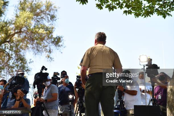 Sergeant Kevin Donogue speaks to the press during a press confence as the search continues for actress Naya Rivera in Lake Piru after she went...