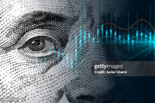 cash dollar bill and design with waves and bars background - deflazione economia foto e immagini stock