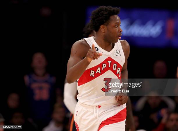 Anunoby of the Toronto Raptors celebrates his shot during the second half against the New York Knicks at Madison Square Garden on January 16, 2023 in...