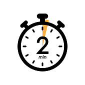 two minutes stopwatch icon, timer symbol, cooking time, cosmetic or chemical application time, 2 min waiting time vector illustration