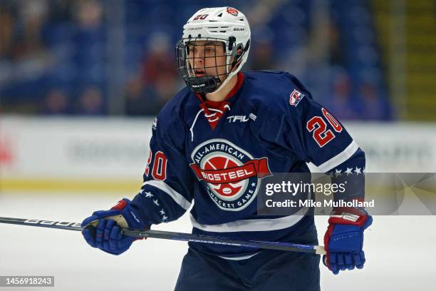 Will Smith of the United States skates up the ice during the first period of the 2023 BioSteel All-American hockey game at USA Hockey Arena on...