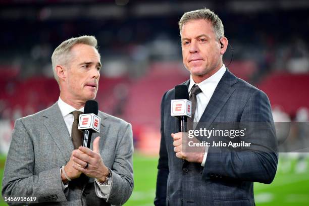 Joe Buck and Troy Aikman look on prior to a game between the Dallas Cowboys and Tampa Bay Buccaneers in the NFC Wild Card playoff game at Raymond...