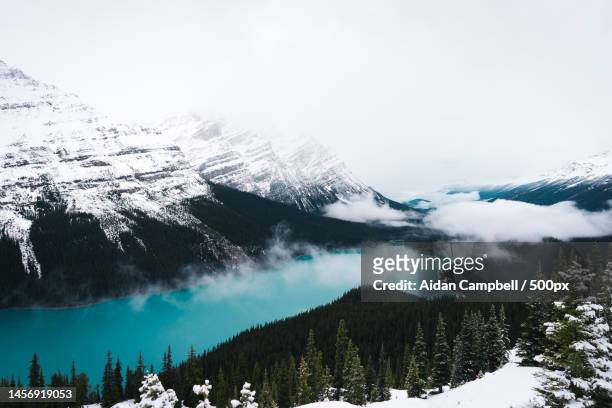scenic view of snowcapped mountains against sky,peyto lake,canada - peytomeer stockfoto's en -beelden
