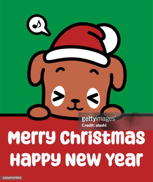 a cute dog wearing a santa hat holds a sign and wishes you a merry christmas and a happy new year - chinese year of the dog stock illustrations