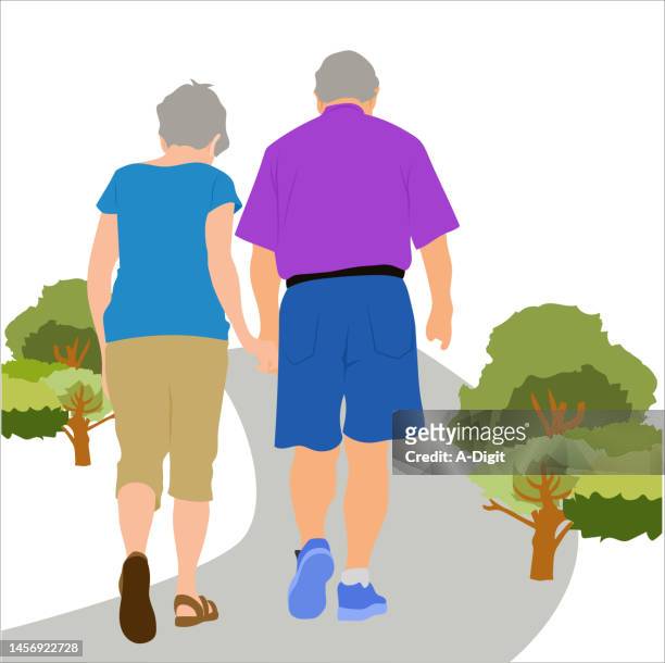 elderly couple path of life small bonsai - authenticity stock illustrations