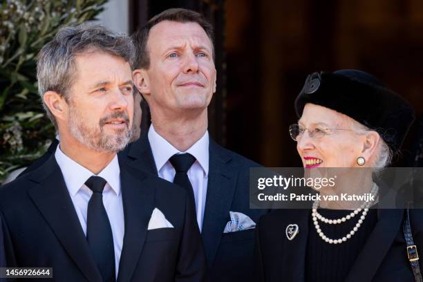 Queen Margrethe of Denmark, Crown Prince Frederik of Denmark and Prince Joachim of Denmark attend the funeral of Former King Constantine II of Greece...