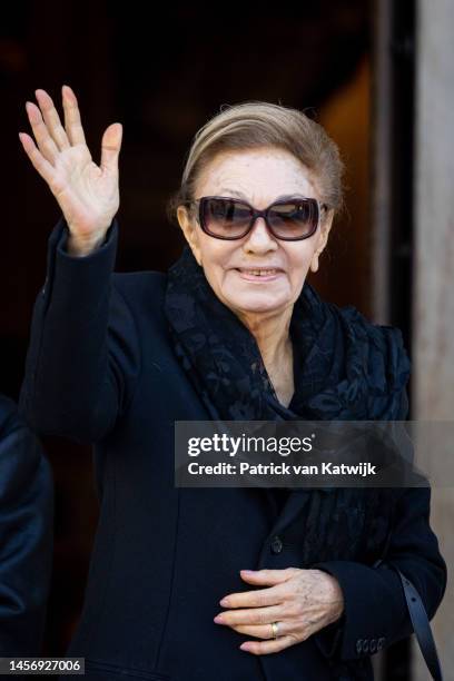 Farah Diba attends the funeral of Former King Constantine II of Greece on January 16, 2023 in Athens, Greece. Constantine II, Head of the Royal House...