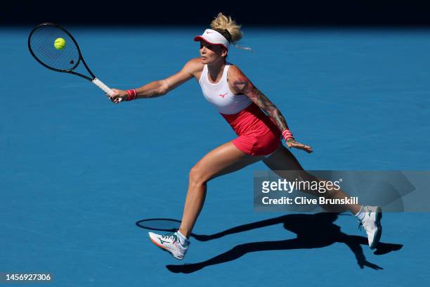 Tereza Martincova of the Czech Republic plays a forehand in their round one singles match against Aryna Sabalenka during day two of the 2023...