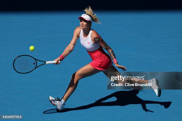 Tereza Martincova of the Czech Republic plays a forehand in their round one singles match against Aryna Sabalenka during day two of the 2023...