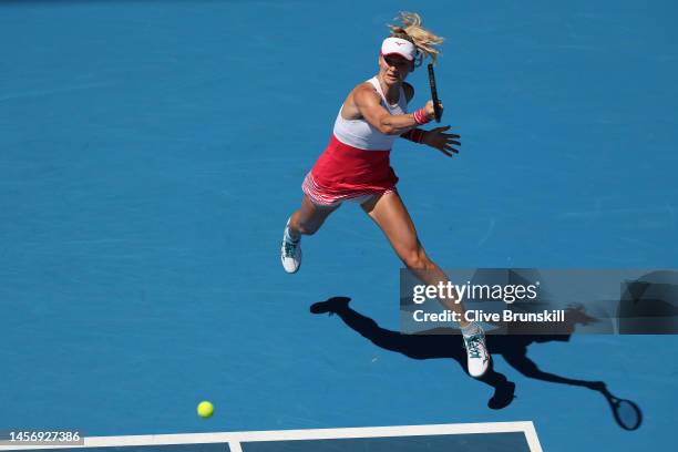 Tereza Martincova of the Czech Republic plays a forehand in their round one singles match against Aryna Sabalenka during day two of the 2023...