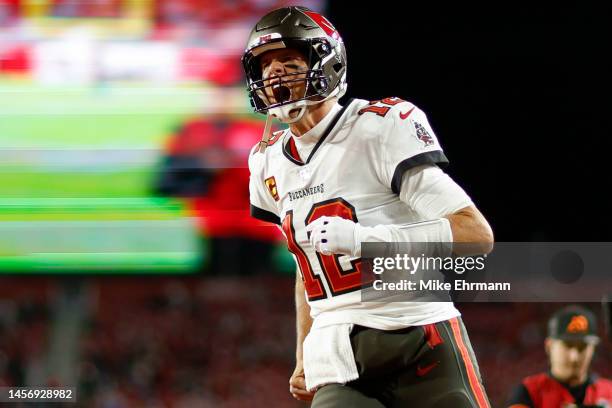 Tom Brady of the Tampa Bay Buccaneers warms up prior to a game against the Dallas Cowboys in the NFC Wild Card playoff game at Raymond James Stadium...