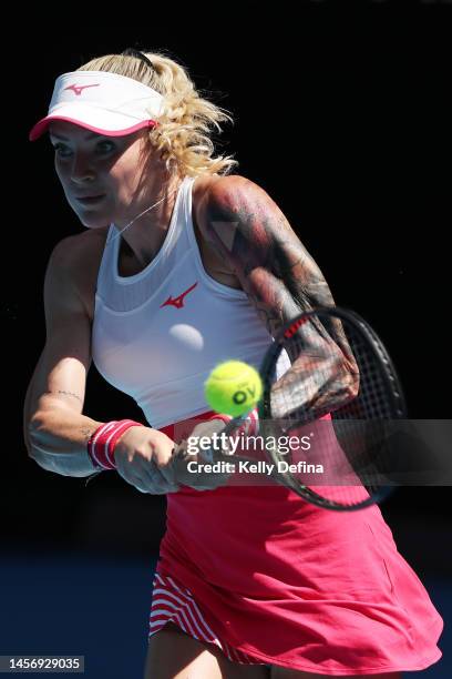 Tereza Martincova of the Czech Republic plays a backhand in their round one singles match against Aryna Sabalenka during day two of the 2023...