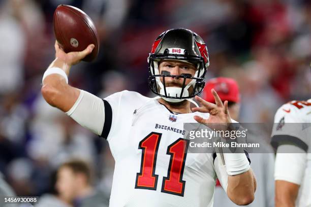 Blaine Gabbert of the Tampa Bay Buccaneers warms up prior to a game against the Dallas Cowboys in the NFC Wild Card playoff game at Raymond James...