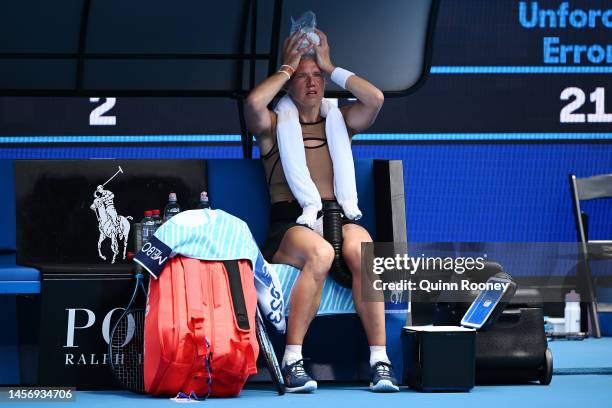 Kaia Kanepi of Estonia cools down in their round one singles match against Kimberly Birrell of Australia during day two of the 2023 Australian Open...