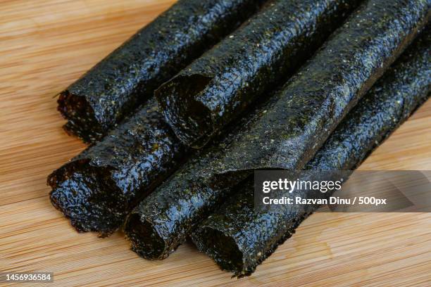 high angle view of sushi on table,romania - nori stock pictures, royalty-free photos & images