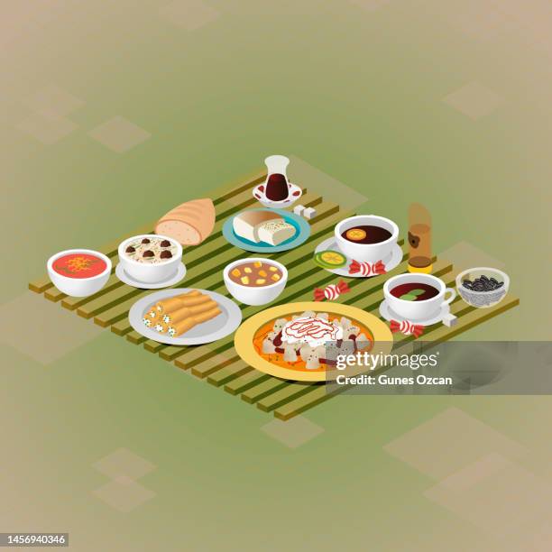 3d isometrischer vektor icon set illustration, regionale küche, türkische küche, orientalische küche, dreidimensionale kost, gesundes restaurant, comfort food - essgeschirr stock-grafiken, -clipart, -cartoons und -symbole