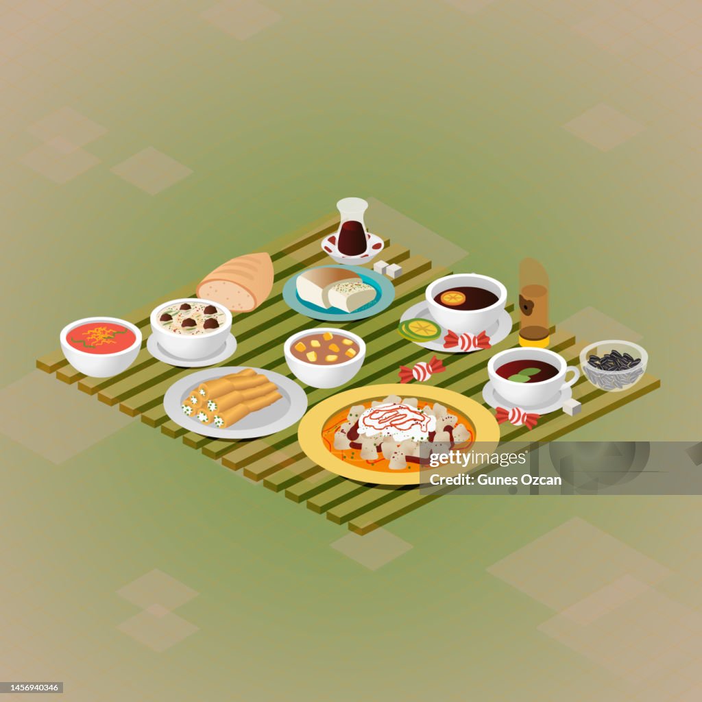 3D Isometric Vector Icon Set Illustration, Regional Food, Turkish Cuisine, Middle Eastern Food, Three Dimensional Food, Healthy Restaurant, Comfort Food