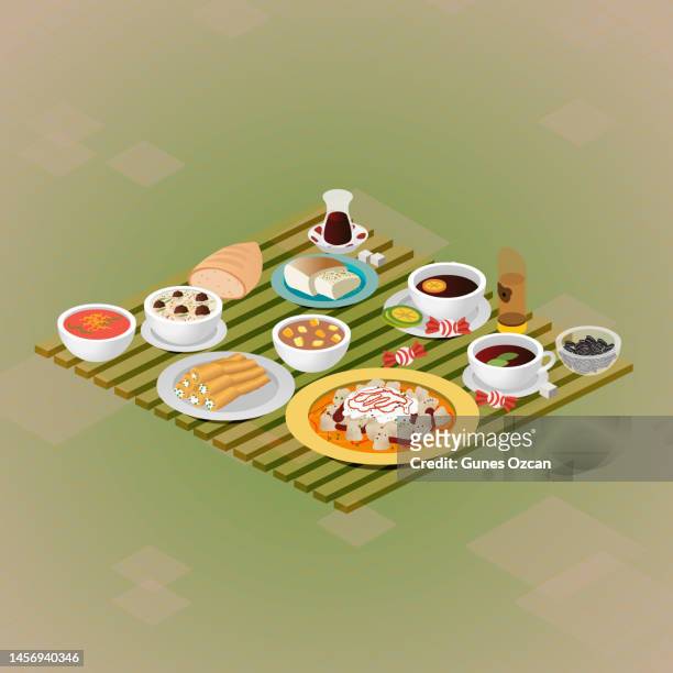 3d isometric vector icon set illustration, regional food, turkish cuisine, middle eastern food, three dimensional food, healthy restaurant, comfort food - soup bowl illustration stock illustrations