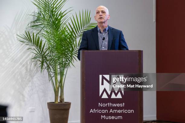 Congressman Adam Smith speaks onstage during the keynote program for the Northwest African American Museum King Day celebration and grand re-opening...