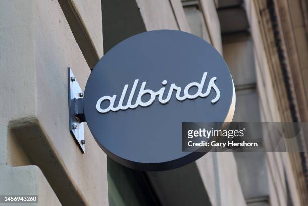 Corporate logo for allbirds hangs outside their store on 5th Avenue on January 16 in New York City.