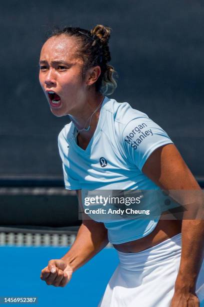 Leylah Fernandez of Canada celebrates winning a point in the round one singles match against Alize Cornet of France during day two of the 2023...