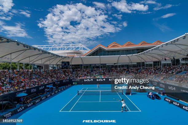 General view of Court 3 during the round one singles match between Leylah Fernandez of Canada and Alize Cornet of France on day two of the 2023...