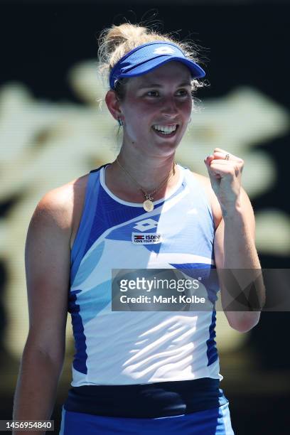 Elise Mertens of Belgium celebrates match point in their round one singles match against Garbine Muguruza of Spain during day two of the 2023...