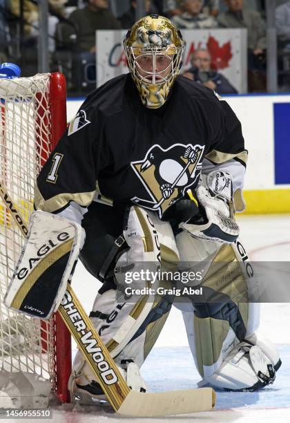 Johan Hedberg of the Pittsburgh Penguins skates against the Toronto Maple Leafs during NHL game action on October 14, 2002 at Air Canada Centre in...