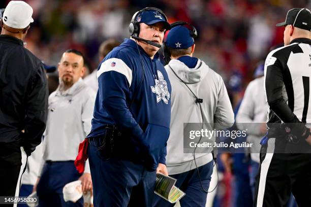 Head coach Mike McCarthy of the Dallas Cowboys looks on against the Tampa Bay Buccaneers during the third quarter in the NFC Wild Card playoff game...