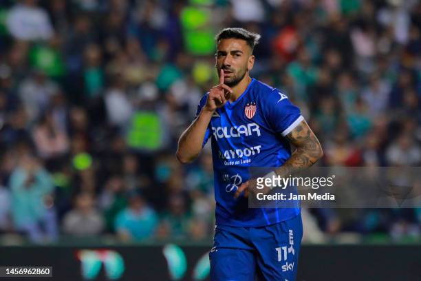 Facundo Batista of Necaxa celebrates after scoring the team's first goal during the 2nd round match between Leon and Necaxa as part of the Torneo...