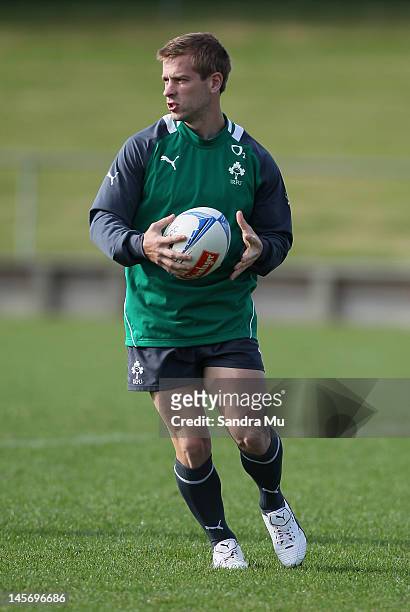 Stephen Ferris of Ireland warms up during the Ireland team training session at Onewa Domain on June 4, 2012 in Takapuna, New Zealand.