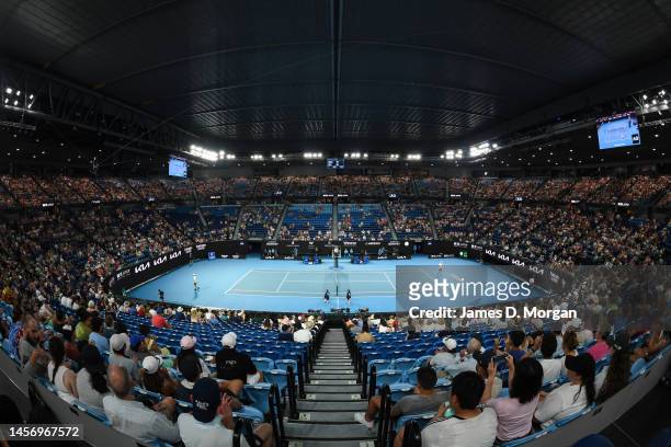 The roof of Rod Laver Arena is closed during daytime play after the Australian Open Extreme Heat Policy was implemented during day two of the 2023...