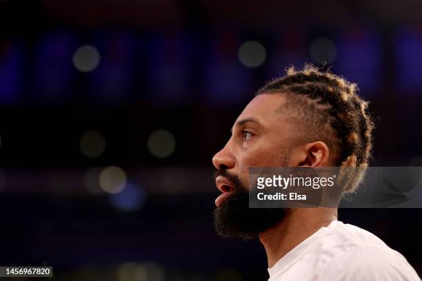 Khem Birch of the Toronto Raptors warms up before the game against the New York Knicks at Madison Square Garden on January 16, 2023 in New York City....