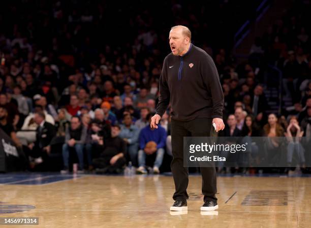 Head coach Tom Thibodeau of the New York Knicks direct his players in overtime against the Toronto Raptors at Madison Square Garden on January 16,...