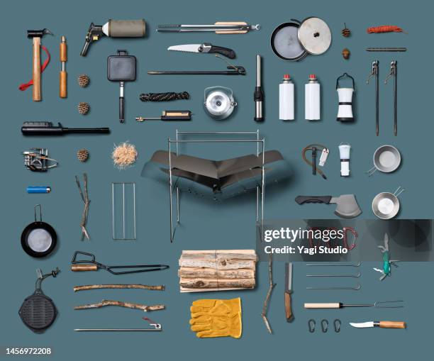 camping gear knolling style. - outdoor pursuits ストックフォトと画像