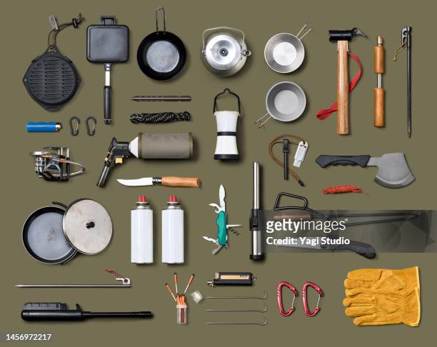 camping gear knolling style. - knolling tools stock-fotos und bilder