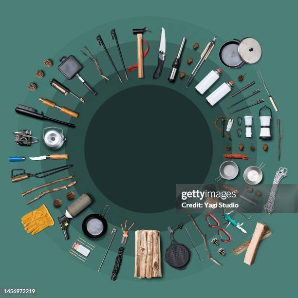 camping gear knolling style. - cooking utensil stock pictures, royalty-free photos & images